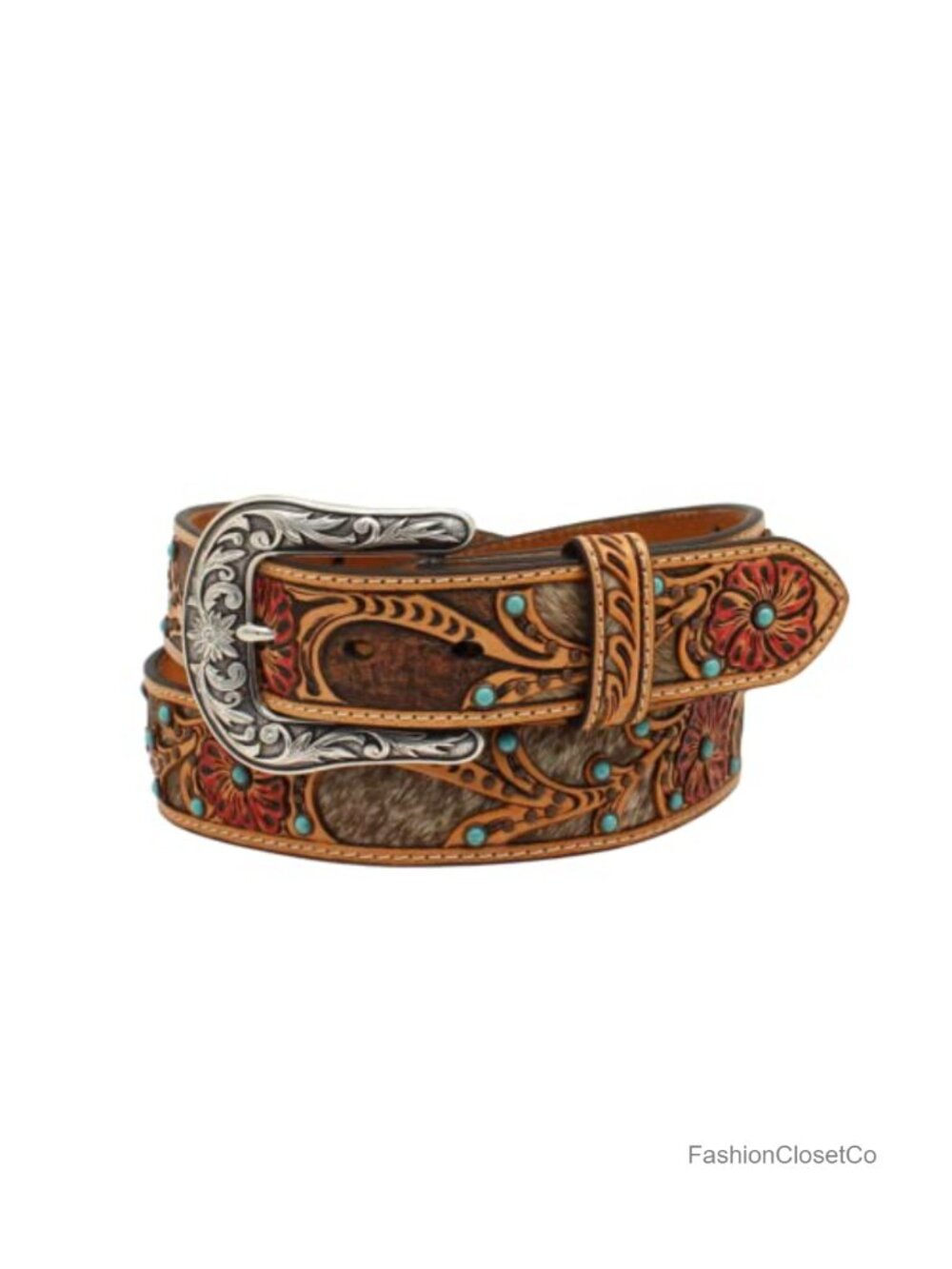 ARIAT Calf Hair Underlay Red Flower Belt Buckle Closure